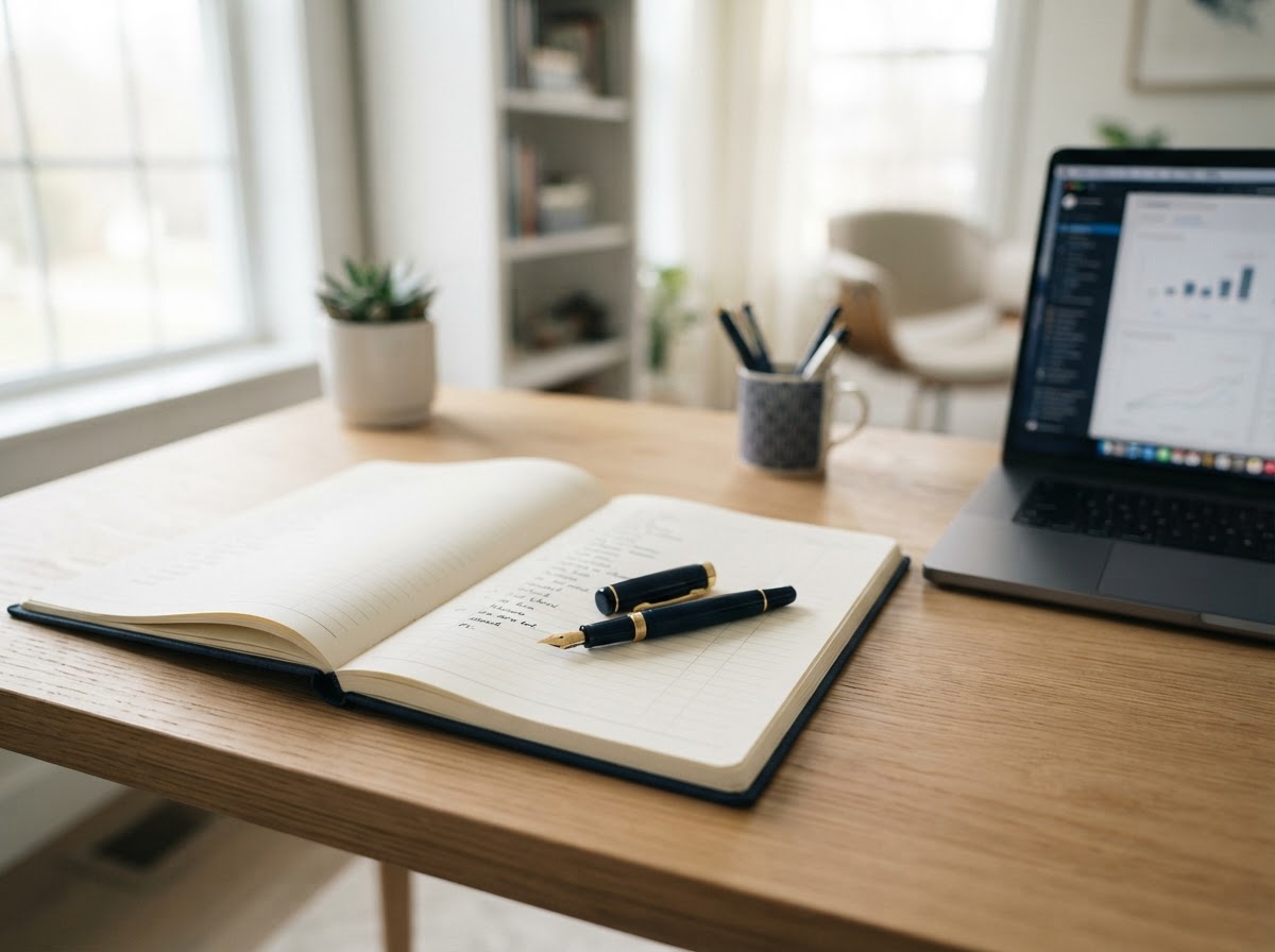 Professional desk setup with ledger and fountain pen