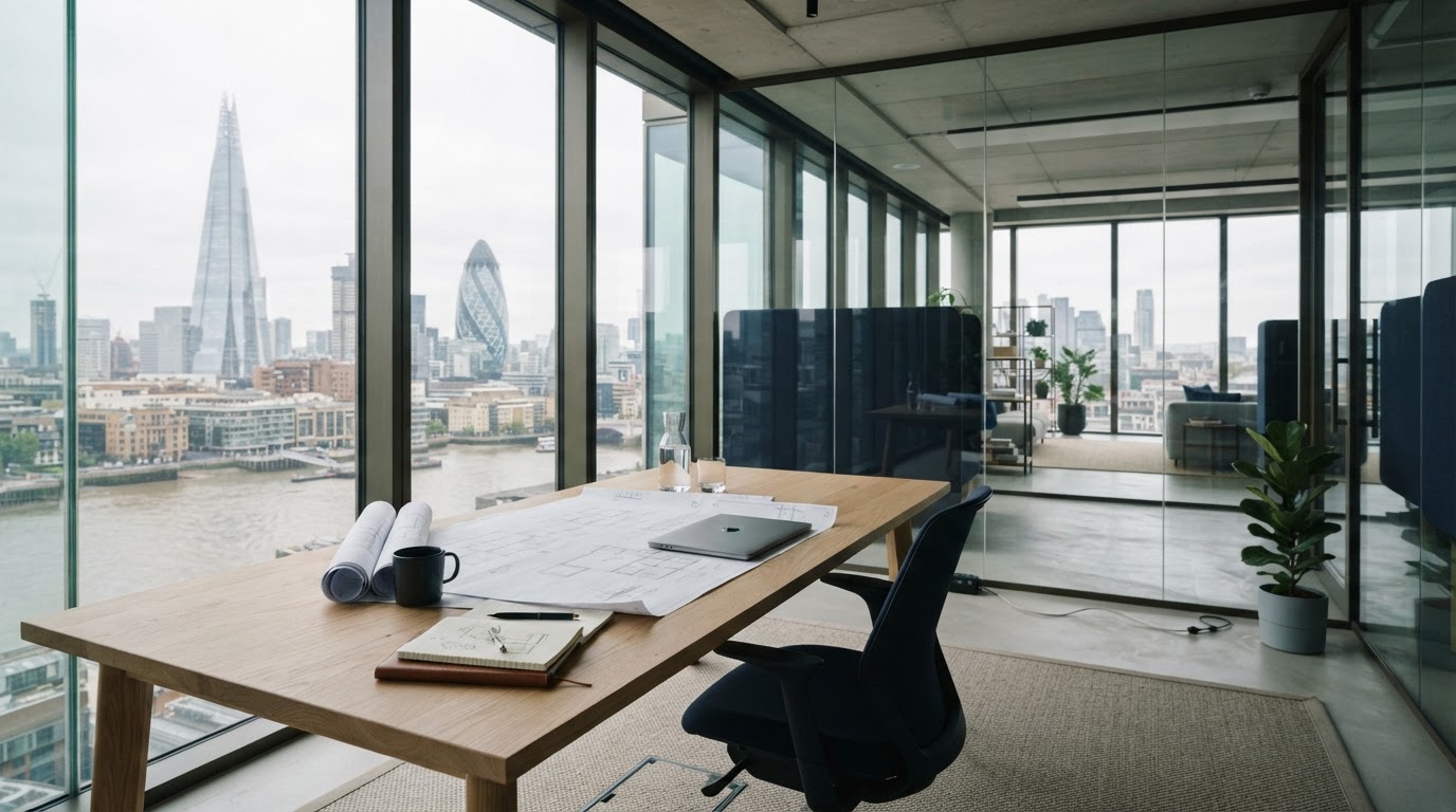 Modern glass-walled London office interior